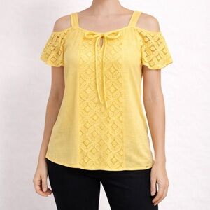 Parallel Skies Yellow Eyelet Lace Cold Shoulder Flutter Sleeve Boho - Size S